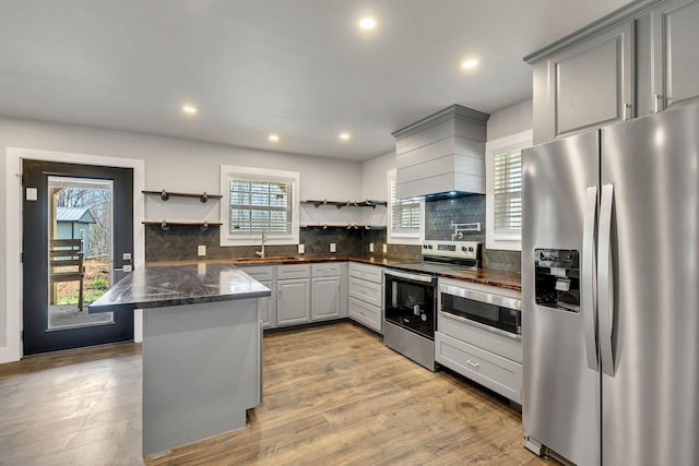 235 Union Ridge Rd, Wartrace, TN 37183 - kitchen with gray cabinets, a sink, open shelves, stainless steel appliances, and custom range hood