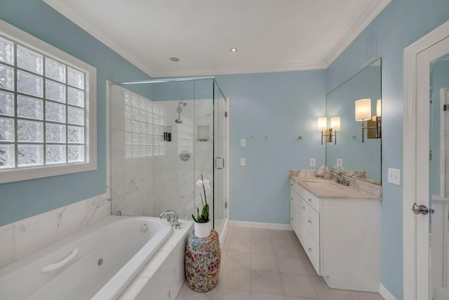 bathroom with tile patterned flooring, vanity, independent shower and bath, and ornamental molding