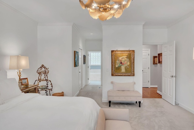 bedroom with crown molding, light colored carpet, and a notable chandelier