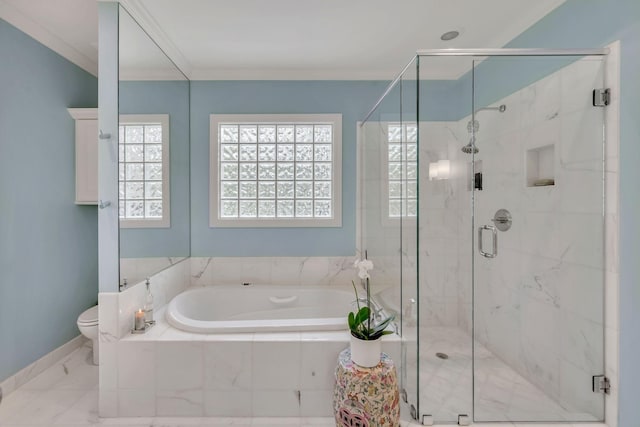 bathroom featuring marble finish floor, a garden tub, toilet, ornamental molding, and a shower stall