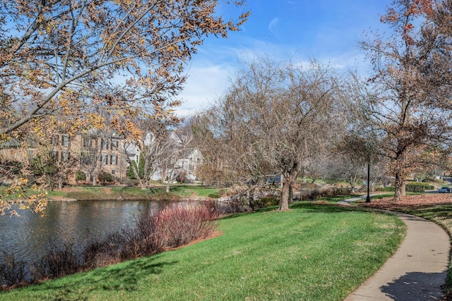 view of community with a lawn and a water view