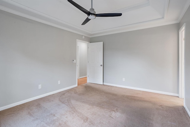 spare room featuring a tray ceiling, ceiling fan, carpet, and ornamental molding