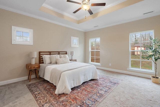 carpeted bedroom featuring ceiling fan, a raised ceiling, and crown molding