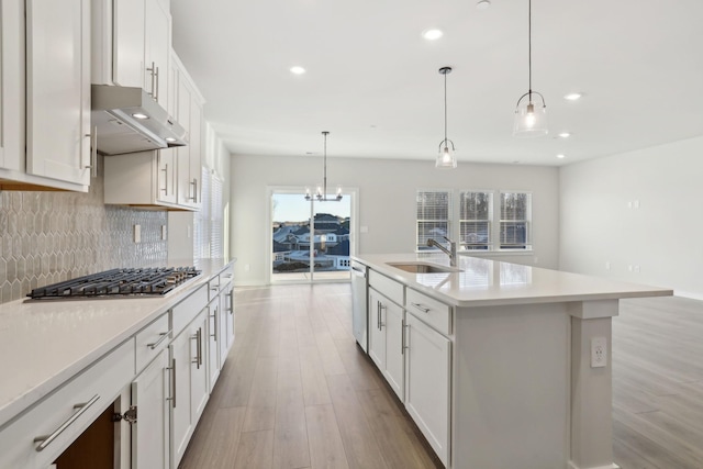 kitchen featuring light wood finished floors, backsplash, under cabinet range hood, stainless steel appliances, and a sink