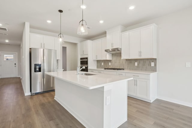 kitchen featuring light wood-style flooring, a sink, under cabinet range hood, appliances with stainless steel finishes, and backsplash