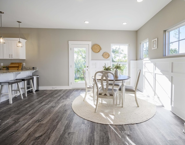 dining area with dark hardwood / wood-style flooring