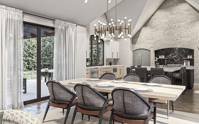 dining space with lofted ceiling, wood-type flooring, and a chandelier