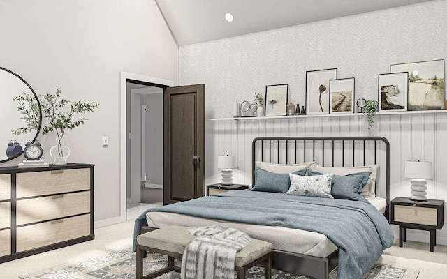 carpeted bedroom featuring vaulted ceiling