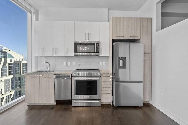 kitchen featuring sink, backsplash, dark hardwood / wood-style flooring, and stainless steel appliances