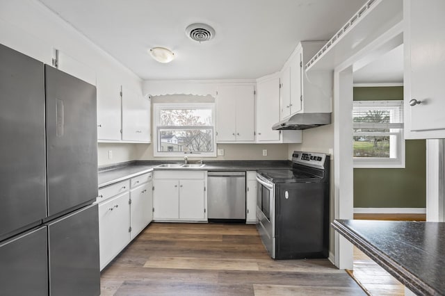 kitchen featuring sink, white cabinets, stainless steel appliances, and dark hardwood / wood-style floors