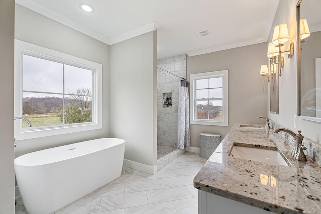 bathroom with a healthy amount of sunlight, crown molding, and plus walk in shower