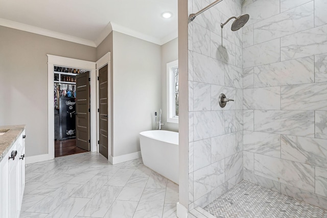 bathroom featuring vanity, separate shower and tub, and ornamental molding