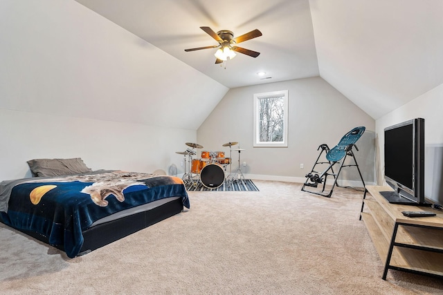 bedroom featuring light carpet, vaulted ceiling, and ceiling fan