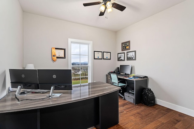 office featuring ceiling fan and dark wood-type flooring