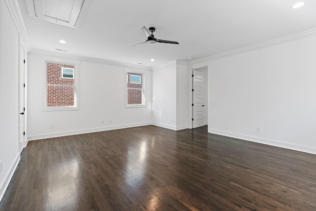 empty room with crown molding, ceiling fan, and dark hardwood / wood-style flooring