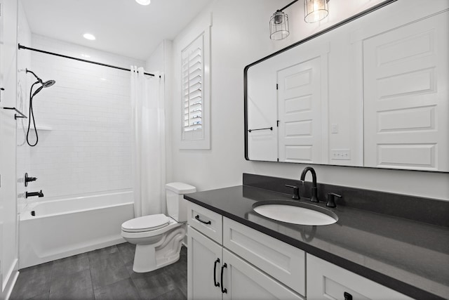 full bathroom with vanity, toilet, shower / bath combo with shower curtain, and wood-type flooring