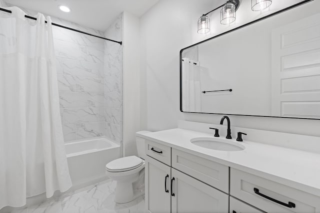 full bathroom featuring toilet, vanity, and shower / tub combo with curtain