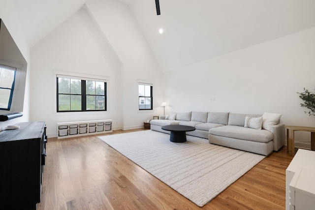 living room with wood-type flooring and high vaulted ceiling