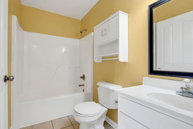 full bathroom with toilet, vanity,  shower combination, and tile patterned floors