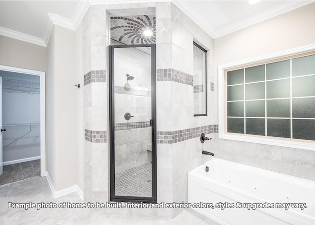 bathroom with tile patterned floors, independent shower and bath, and ornamental molding