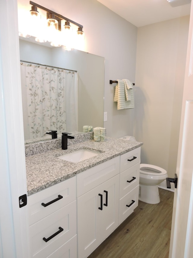 bathroom featuring vanity, toilet, and wood-type flooring