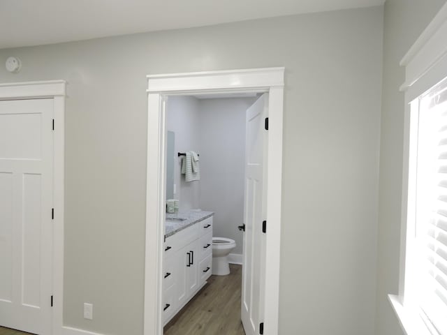 bathroom with wood-type flooring, vanity, and toilet