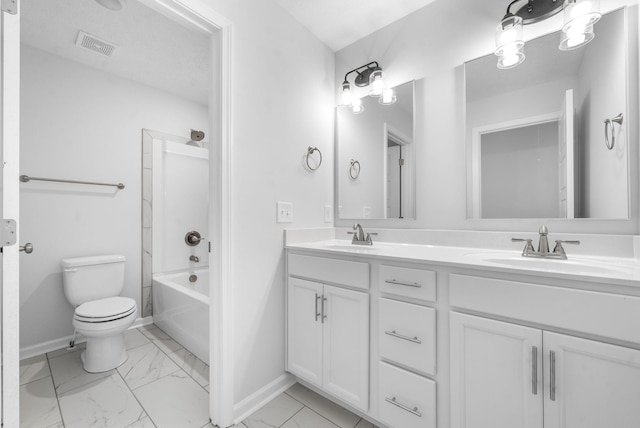 full bathroom with vanity,  shower combination, and toilet