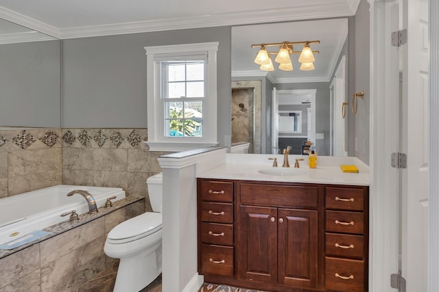 bathroom featuring vanity, a relaxing tiled tub, toilet, and crown molding