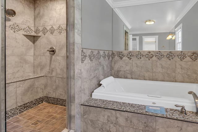 bathroom with plus walk in shower, tile walls, and ornamental molding