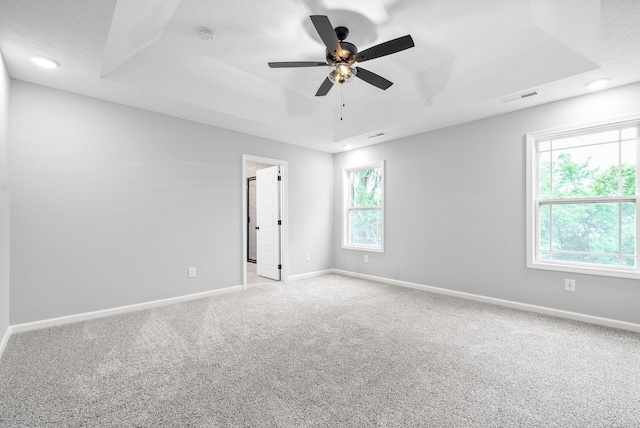 carpeted spare room featuring a raised ceiling, ceiling fan, and plenty of natural light