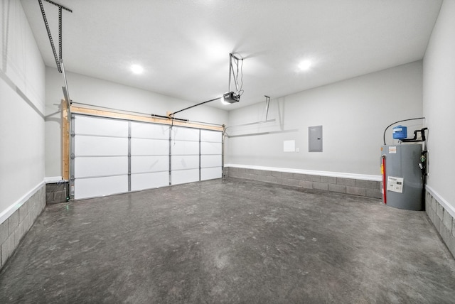 garage featuring a garage door opener, electric panel, and water heater