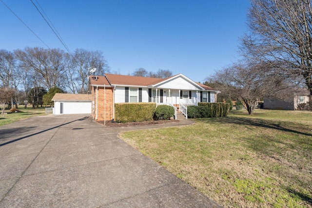 single story home with a front yard, a porch, and a garage