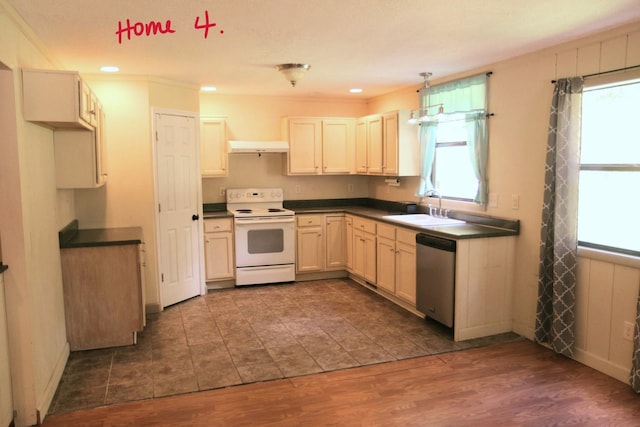 kitchen featuring dishwasher, white range with electric cooktop, dark wood-type flooring, and sink