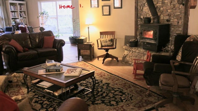 tiled living room featuring a wood stove