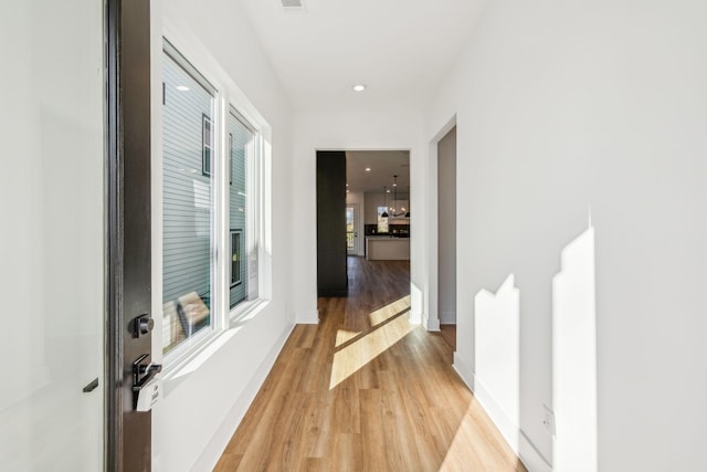 hallway with hardwood / wood-style floors