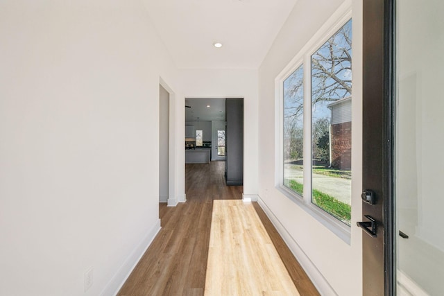 corridor with wood-type flooring