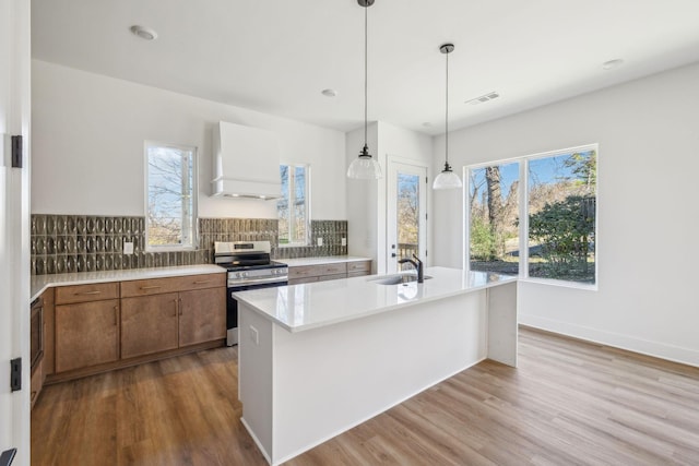 kitchen featuring stainless steel range, tasteful backsplash, premium range hood, an island with sink, and white cabinets