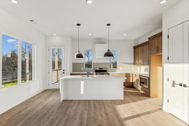 kitchen featuring stainless steel appliances, sink, light hardwood / wood-style floors, hanging light fixtures, and an island with sink