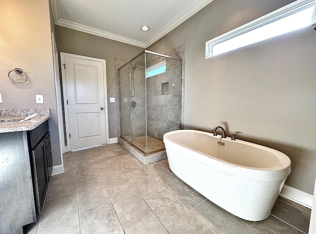 bathroom featuring tile patterned floors, plus walk in shower, crown molding, and vanity