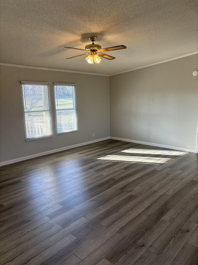 unfurnished room featuring a textured ceiling, dark hardwood / wood-style floors, ceiling fan, and crown molding