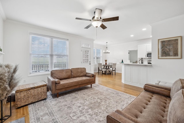 living room with ceiling fan with notable chandelier, ornamental molding, and light hardwood / wood-style floors