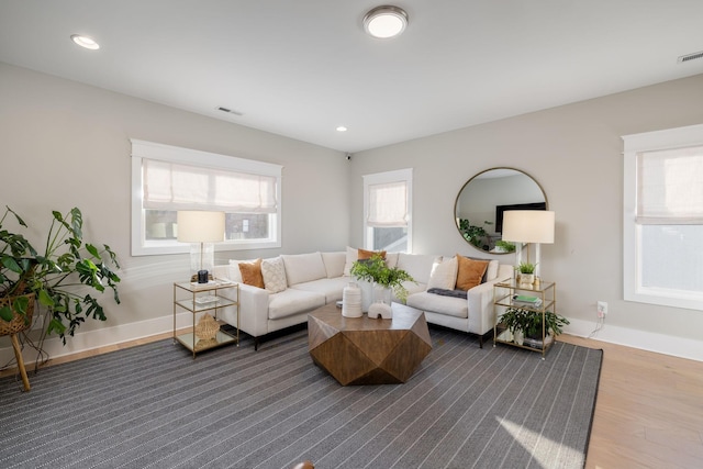 living room with dark hardwood / wood-style floors