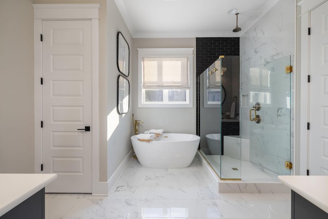 bathroom featuring vanity, ornamental molding, and plus walk in shower