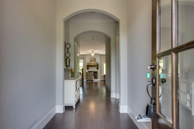 foyer featuring ceiling fan, a fireplace, and dark hardwood / wood-style flooring