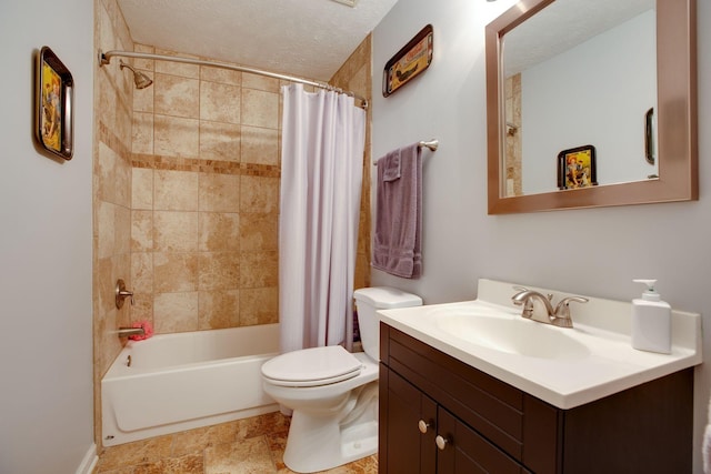 full bathroom with shower / bath combo with shower curtain, vanity, a textured ceiling, and toilet