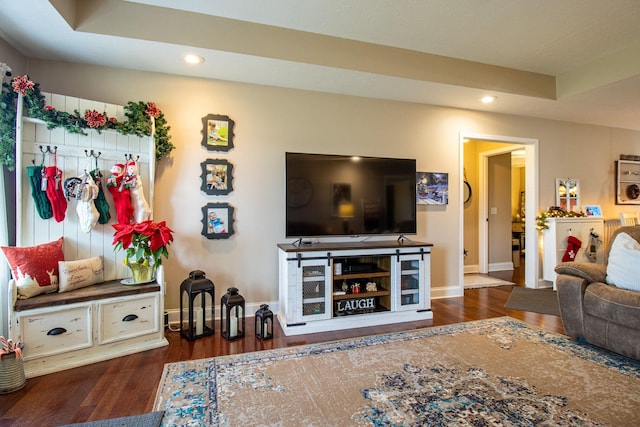 living room with dark hardwood / wood-style flooring