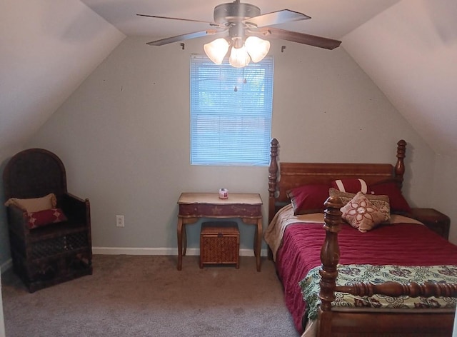 bedroom featuring light colored carpet, ceiling fan, and lofted ceiling