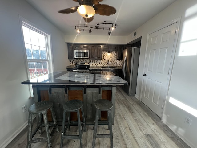 kitchen with sink, light hardwood / wood-style flooring, a breakfast bar area, decorative backsplash, and appliances with stainless steel finishes