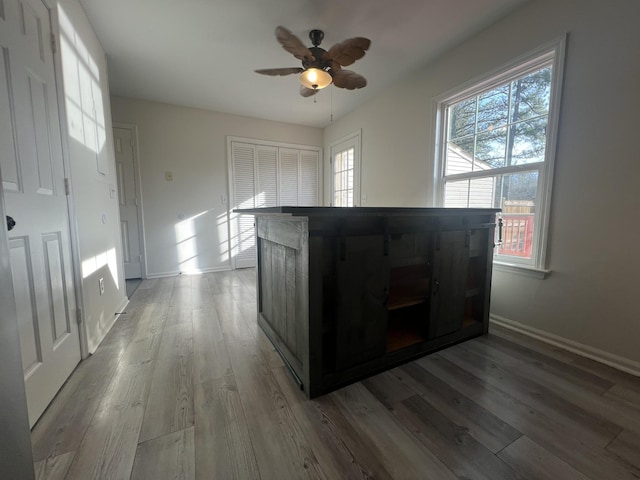 kitchen featuring kitchen peninsula, ceiling fan, plenty of natural light, and wood-type flooring