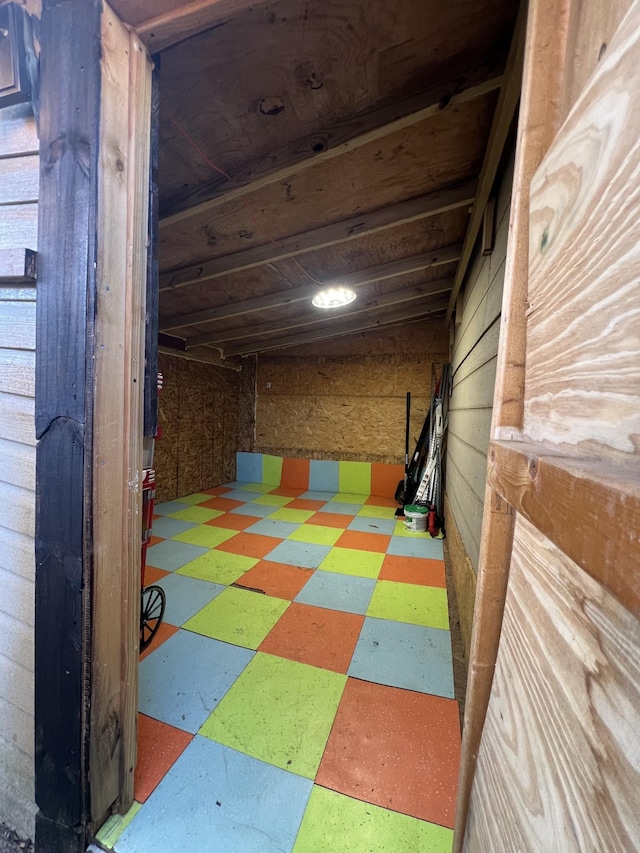 basement featuring wood walls